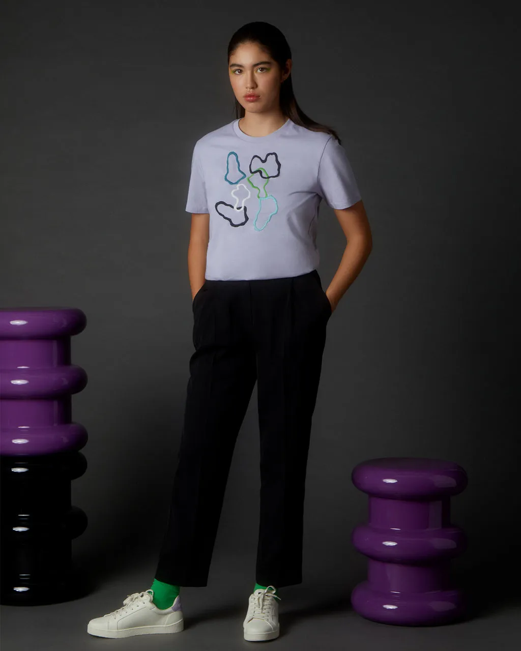 Abstract Embroidered Organic Cotton T-Shirt Lilac
