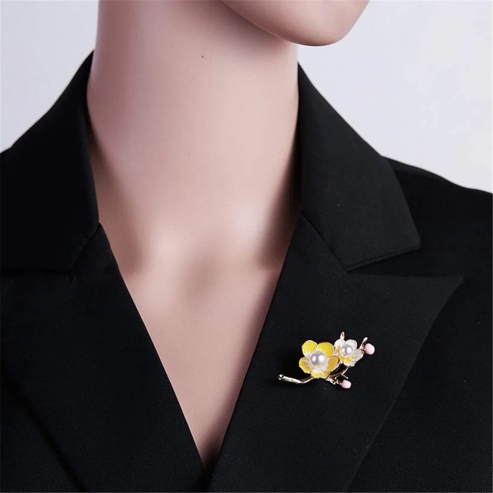 AILUOR Elegant Enamel Plum Blossom Flower Brooch Pin, Fashion Gold Plated Pearls Floral Brooch Lapel Pin for Women Girl Bridal Wedding Corsage Jewelry Gifts