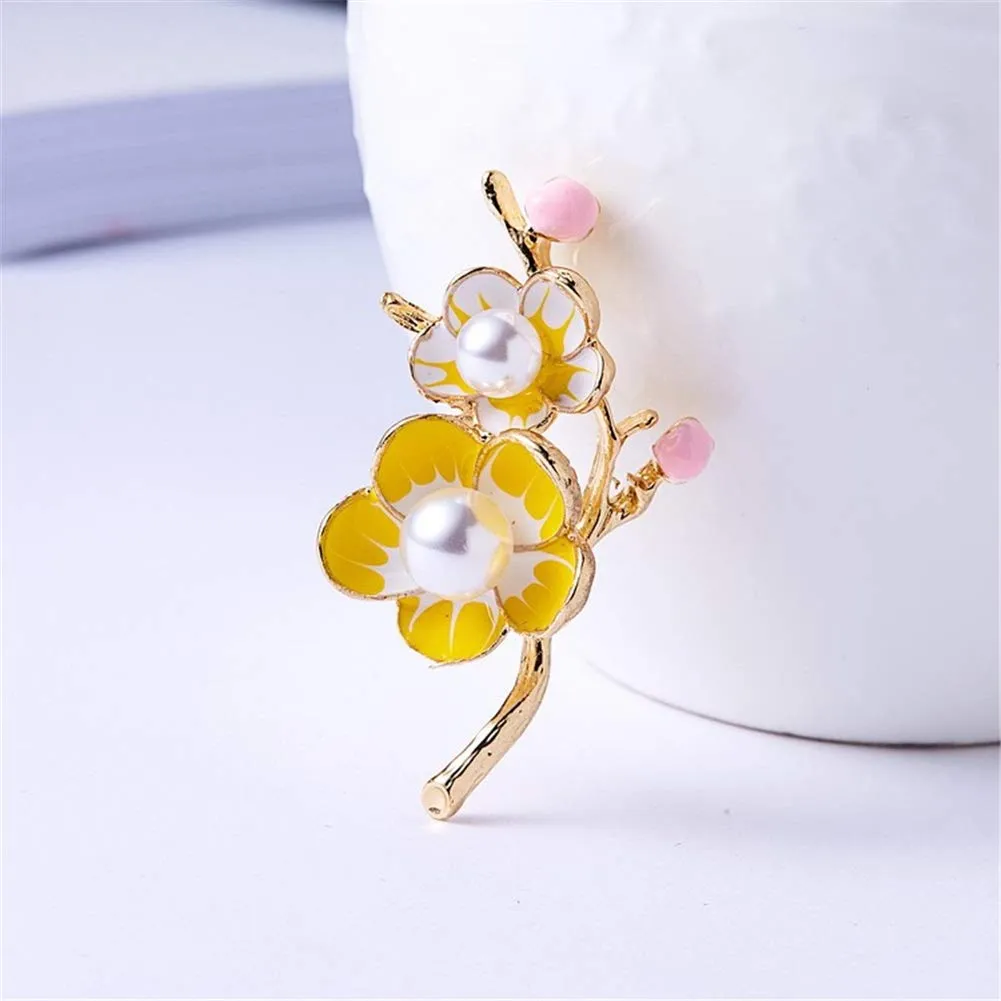 AILUOR Elegant Enamel Plum Blossom Flower Brooch Pin, Fashion Gold Plated Pearls Floral Brooch Lapel Pin for Women Girl Bridal Wedding Corsage Jewelry Gifts