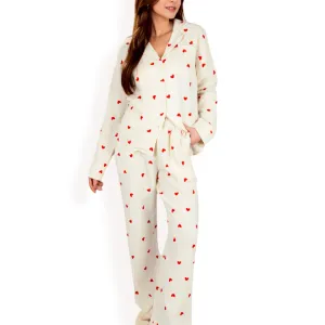 Anna-Kaci Women's Heart Print 2-Piece Pajama Set with Long Sleeve Button-Up Top and Relaxed Fit Pants