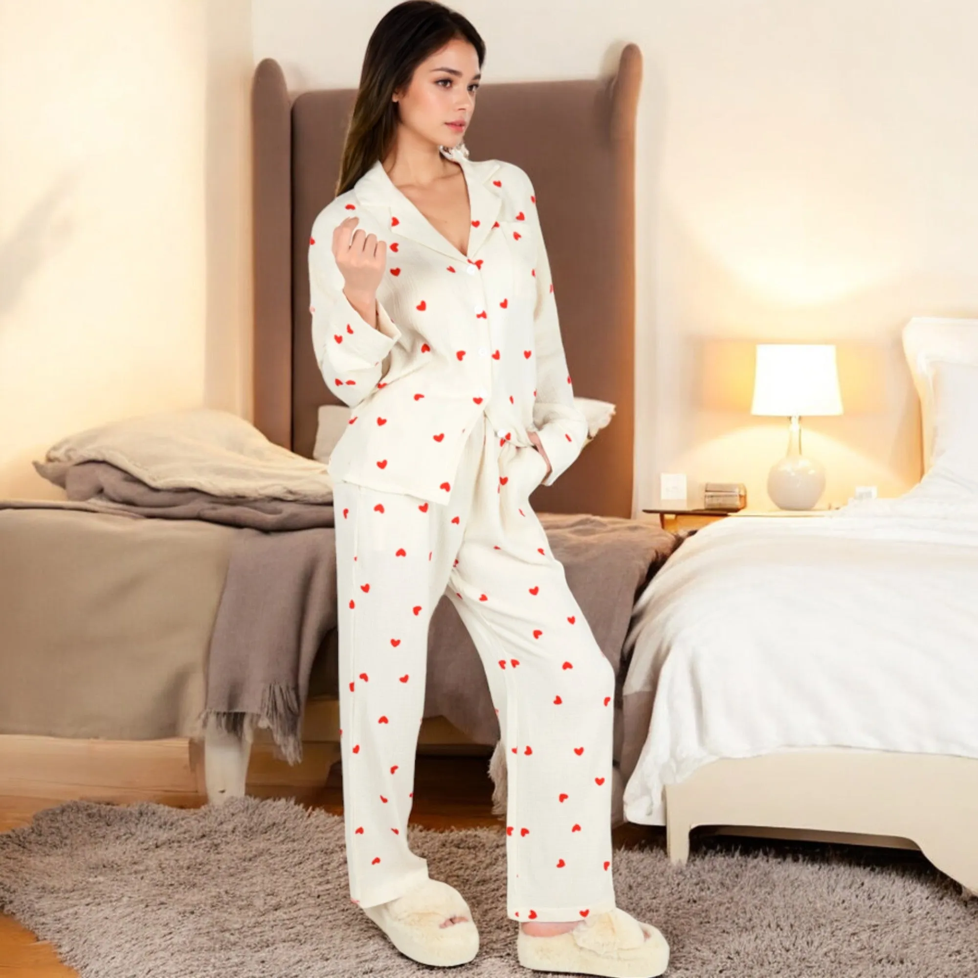 Anna-Kaci Women's Heart Print 2-Piece Pajama Set with Long Sleeve Button-Up Top and Relaxed Fit Pants