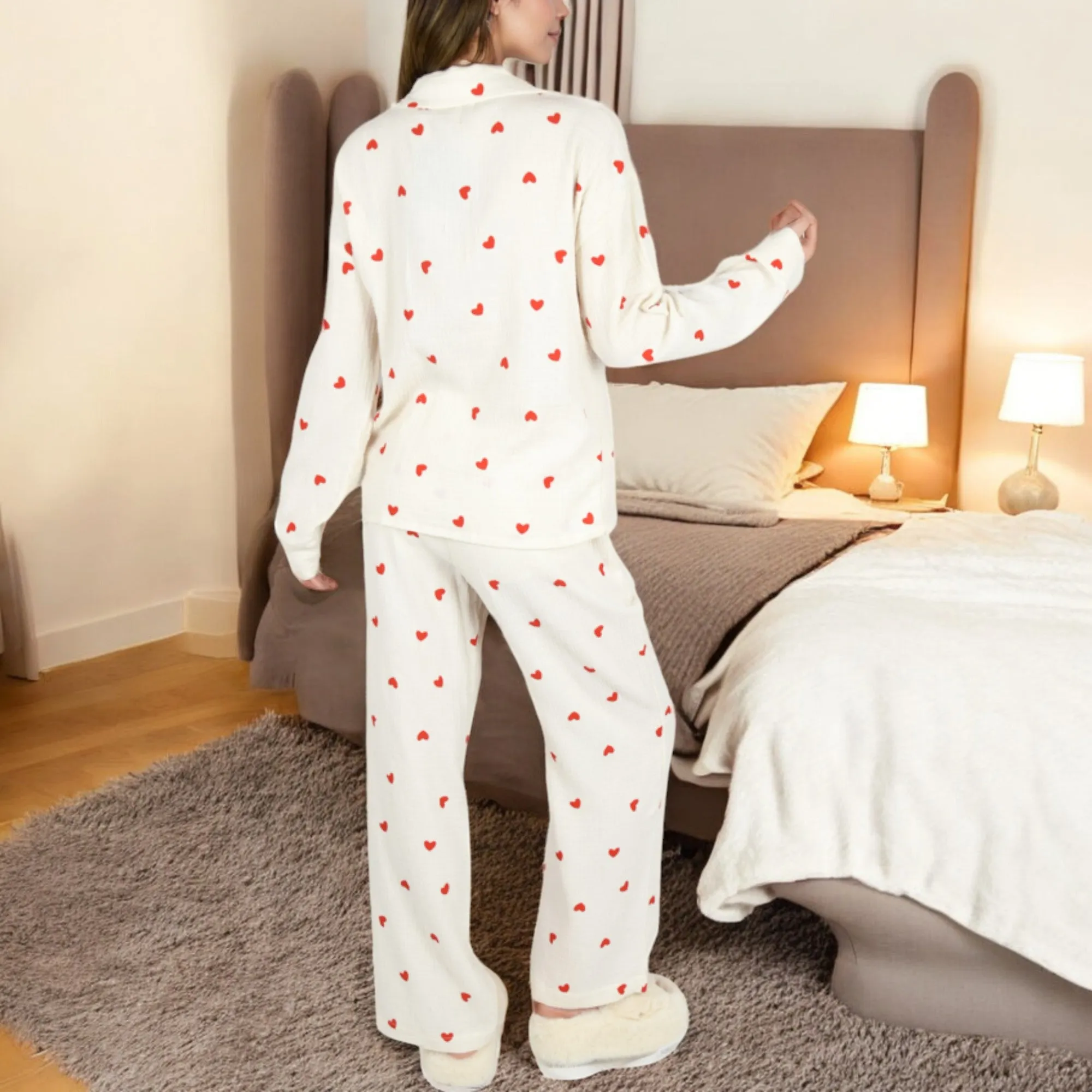 Anna-Kaci Women's Heart Print 2-Piece Pajama Set with Long Sleeve Button-Up Top and Relaxed Fit Pants