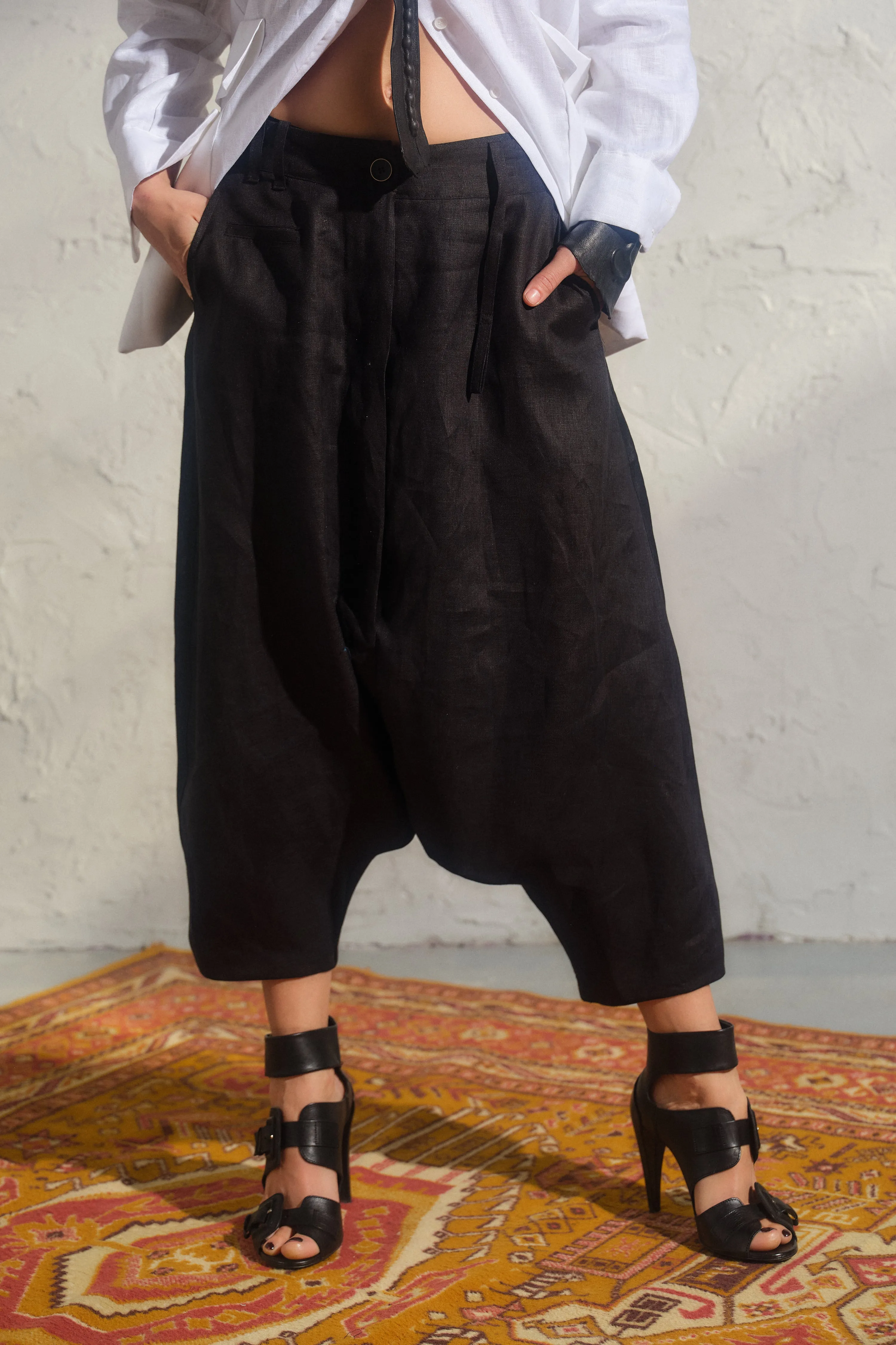 Avant garde black linen drop crotch pants for women