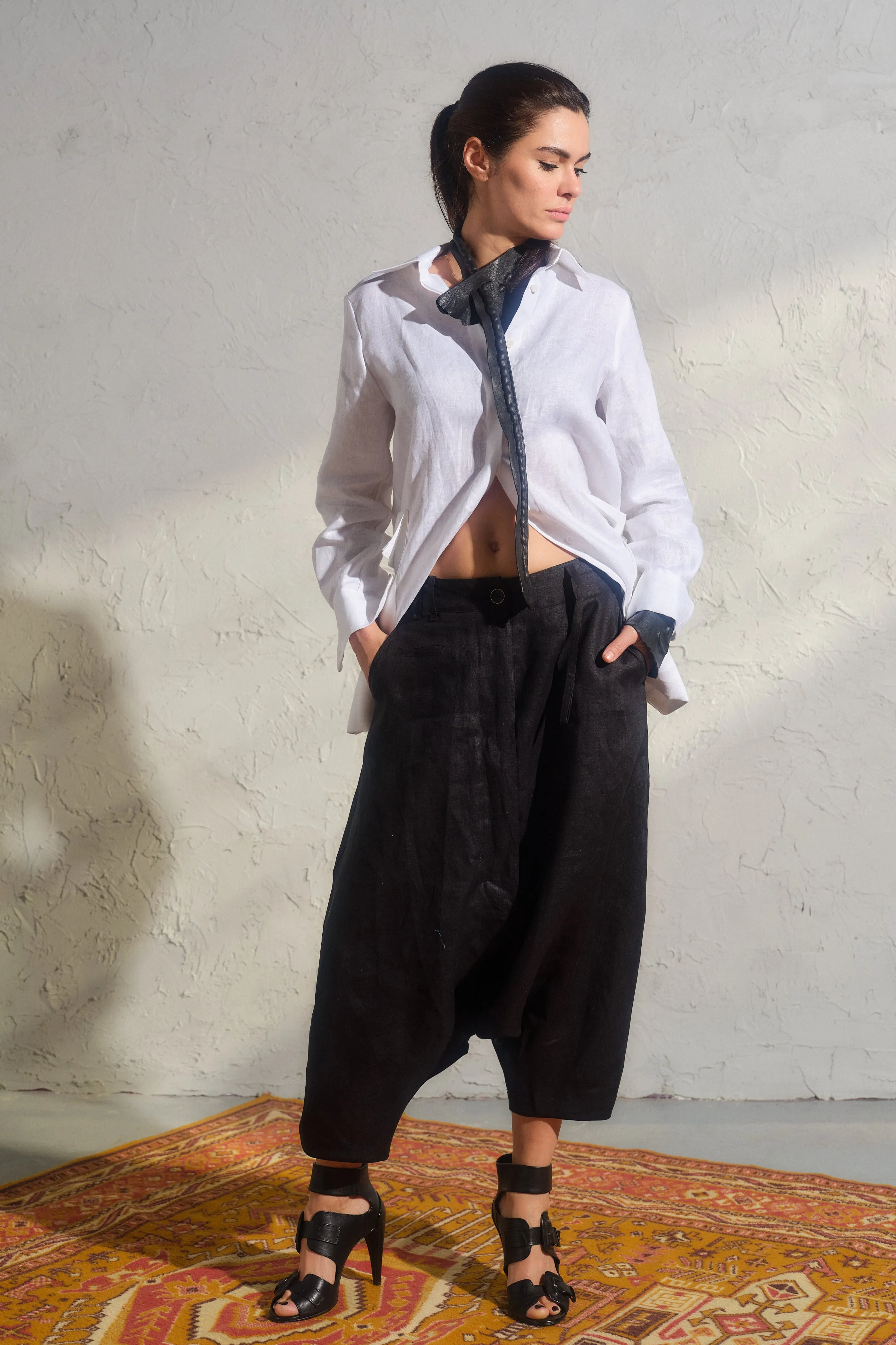Avant garde black linen drop crotch pants for women