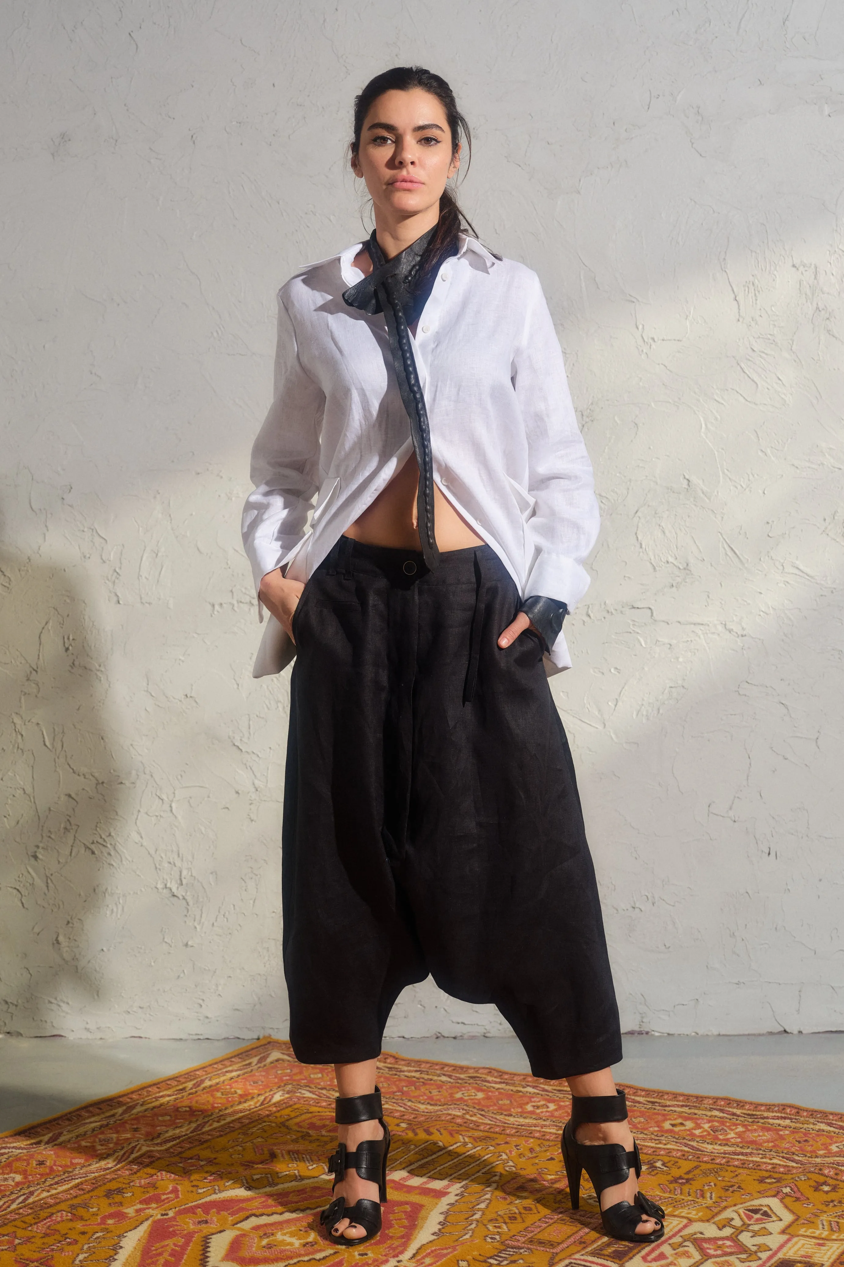 Avant garde black linen drop crotch pants for women