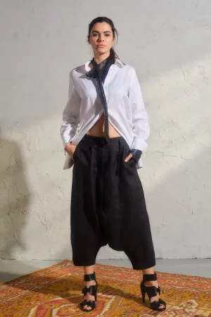 Avant garde black linen drop crotch pants for women