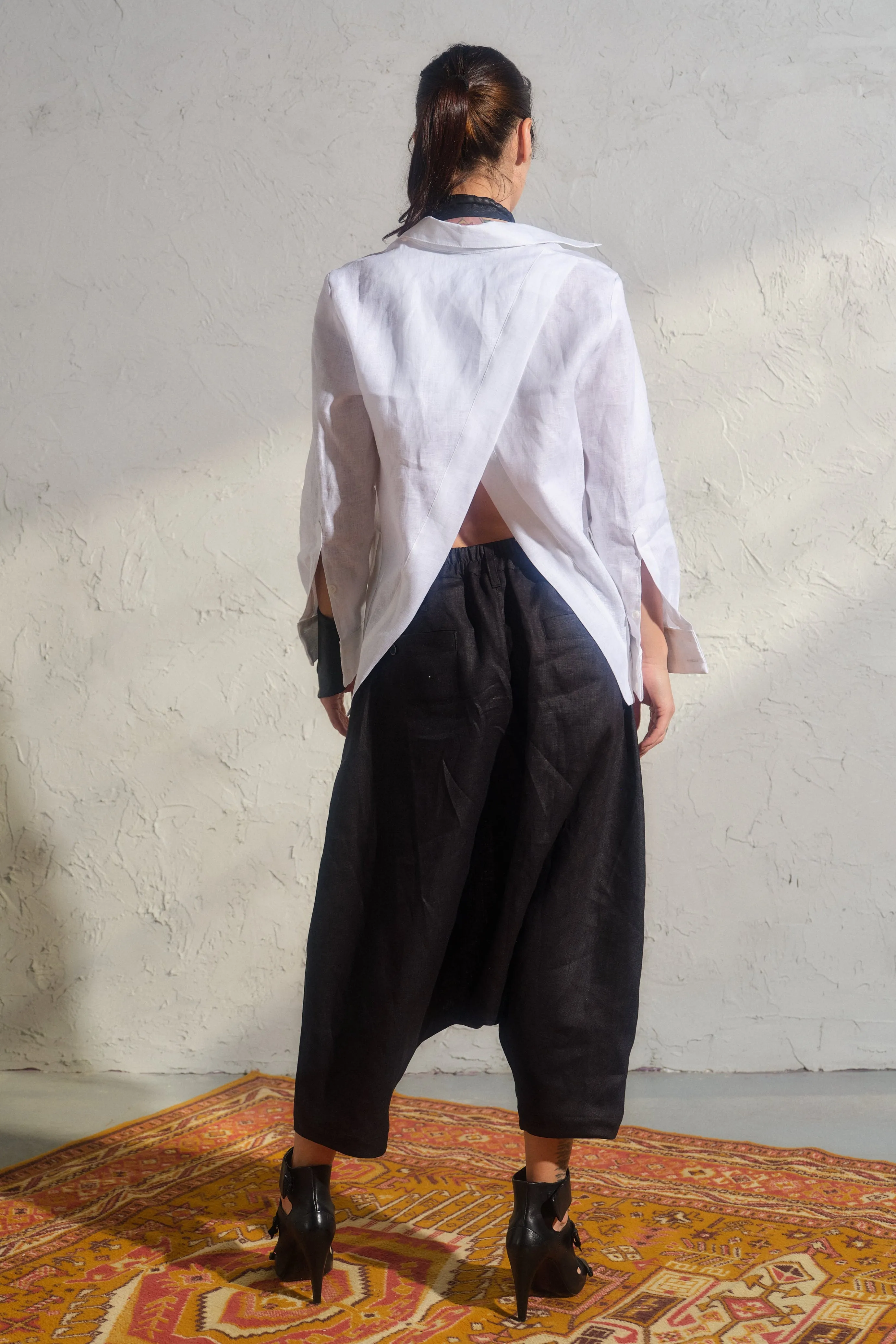 Avant garde black linen drop crotch pants for women