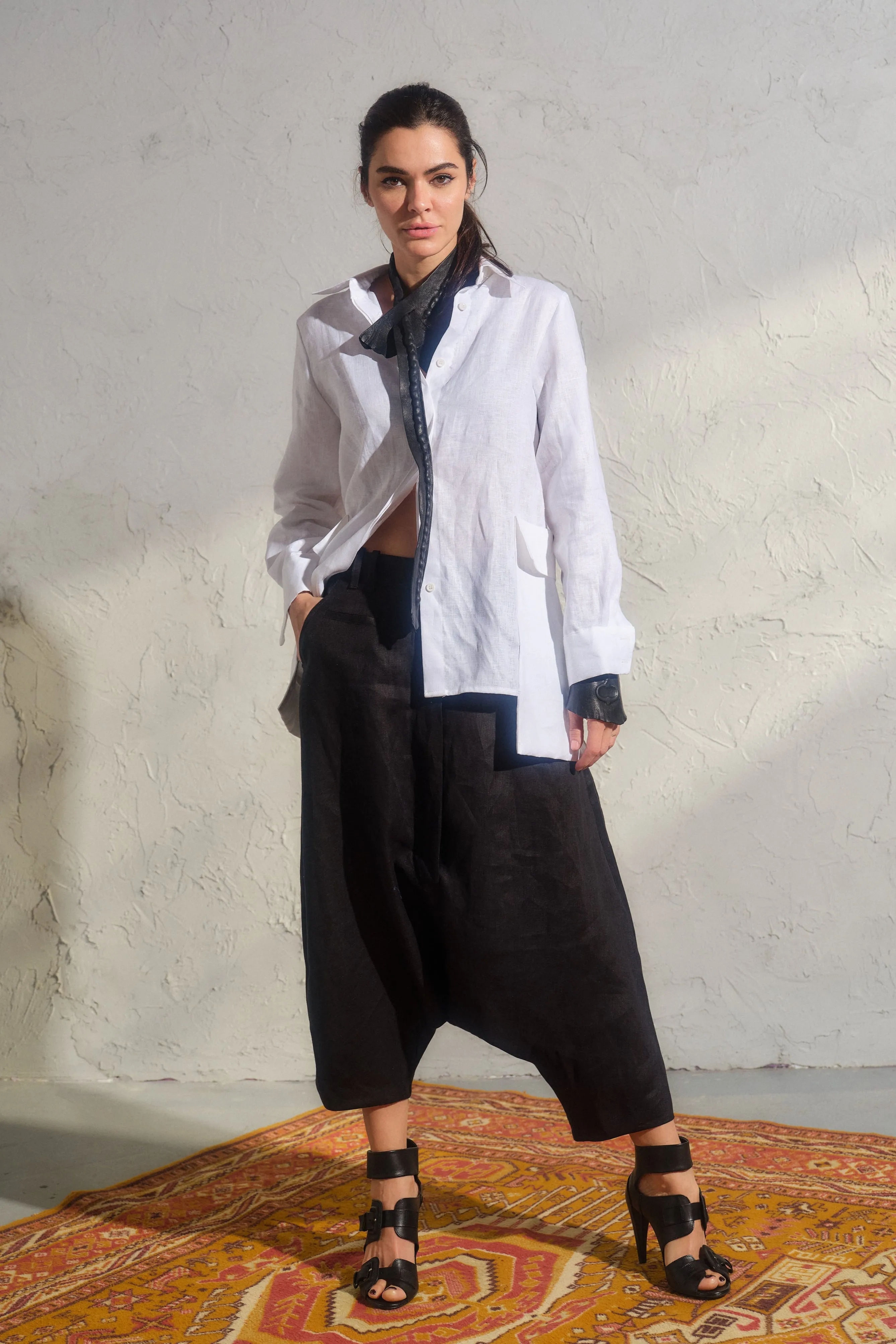 Avant garde black linen drop crotch pants for women