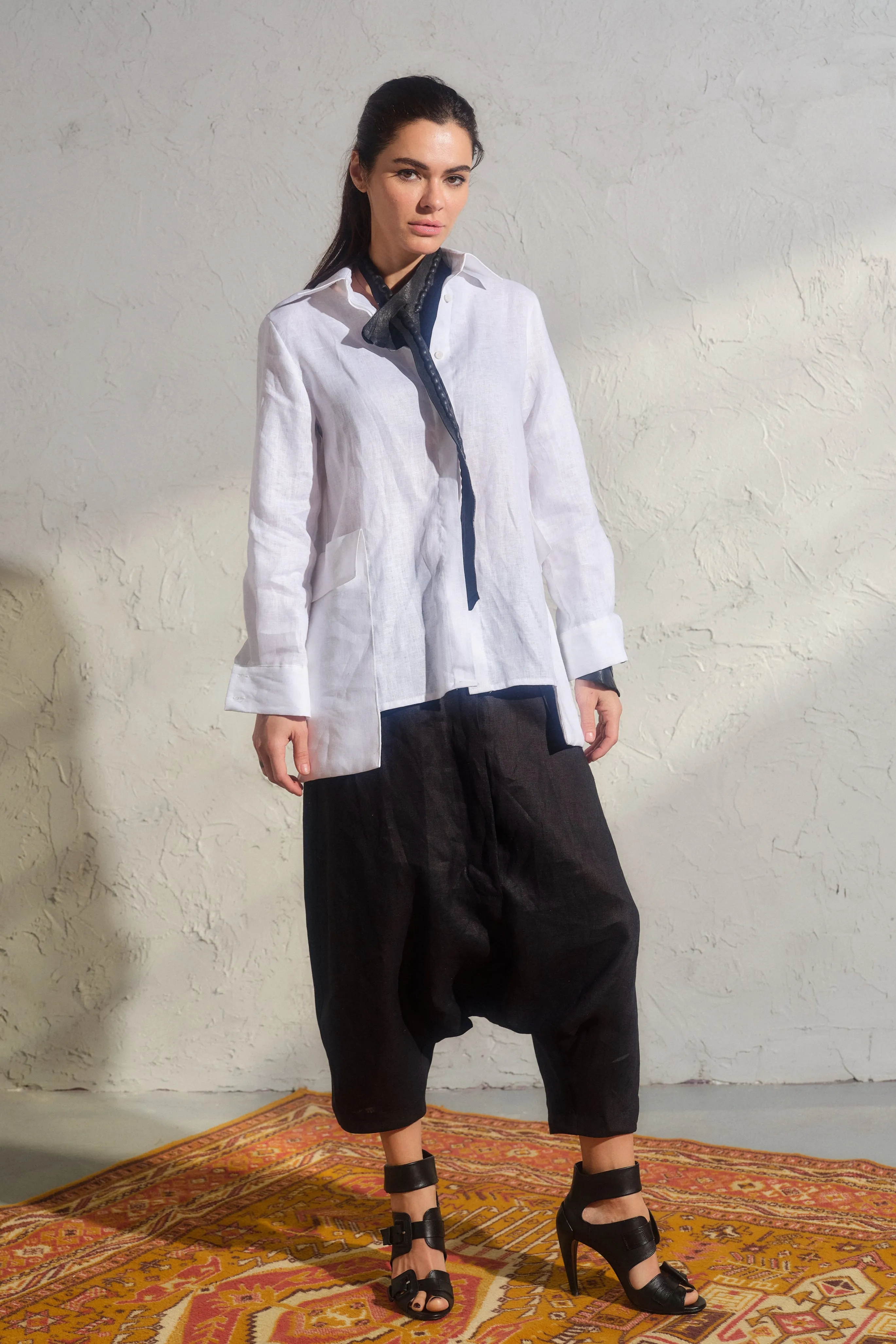 Avant garde black linen drop crotch pants for women