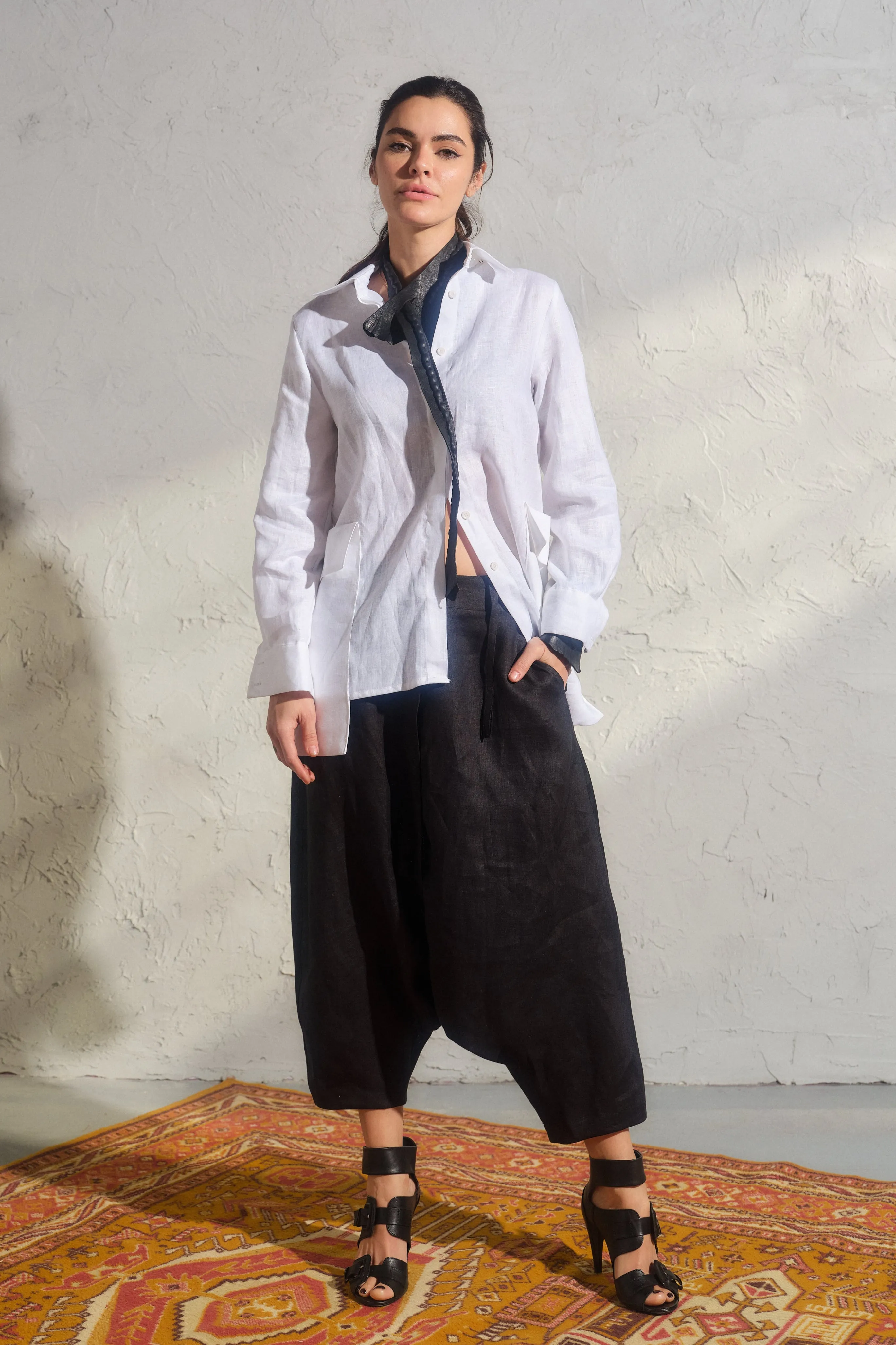 Avant garde black linen drop crotch pants for women