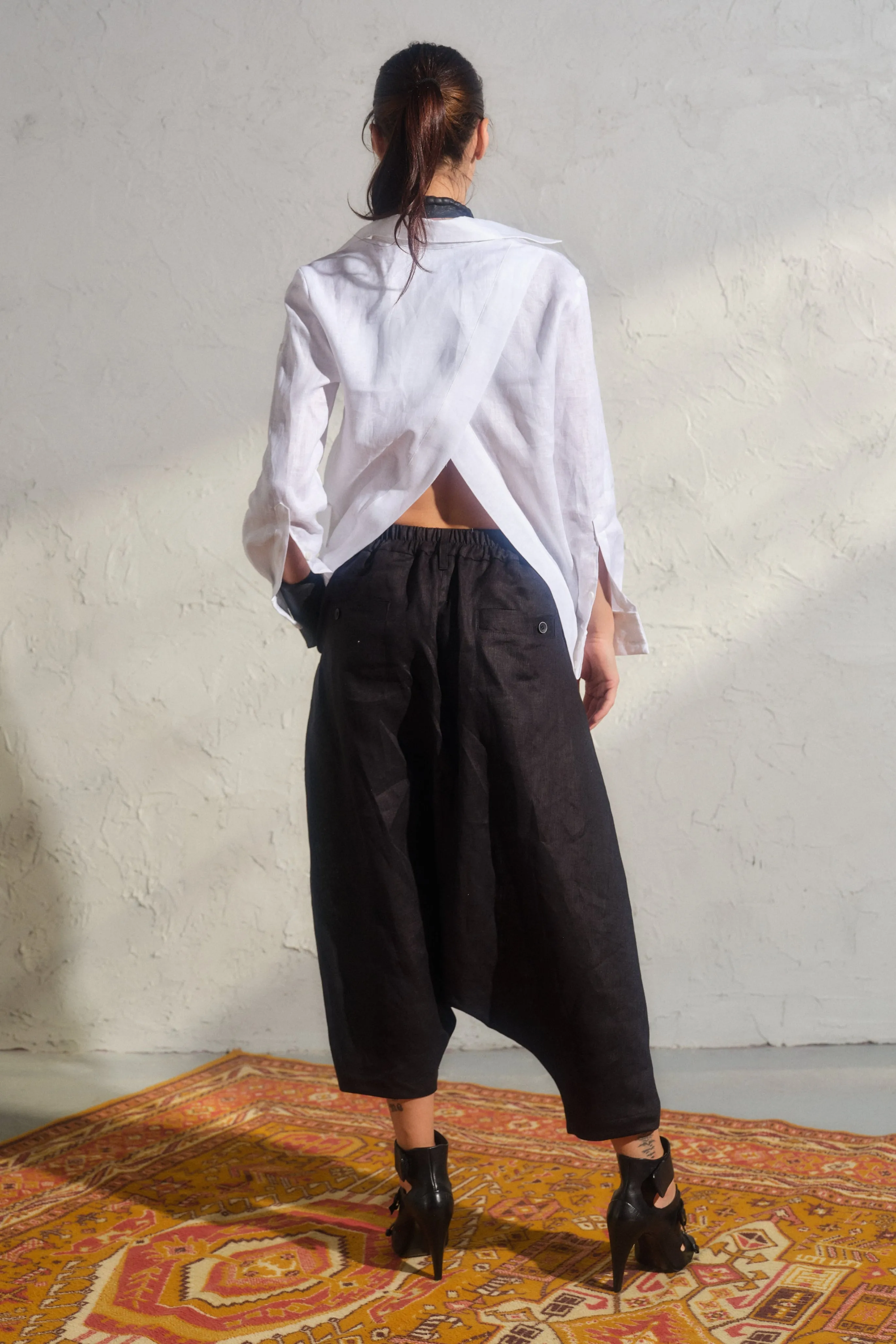 Avant garde black linen drop crotch pants for women
