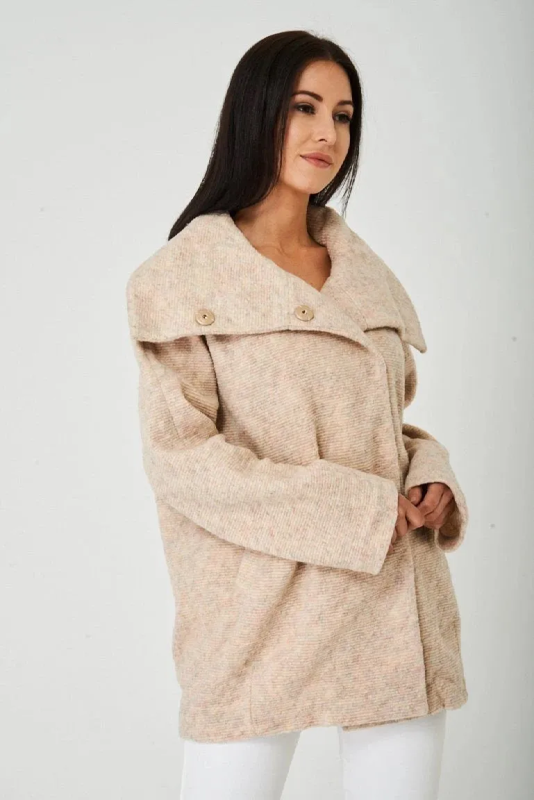 Beige Long Sleeve Wide Collar Button Up Ribbed Jacket