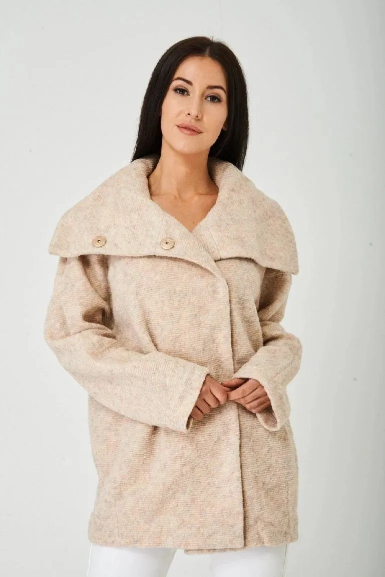 Beige Long Sleeve Wide Collar Button Up Ribbed Jacket