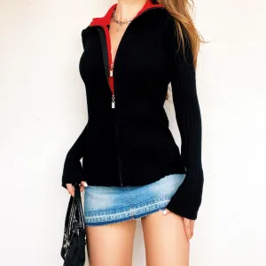 Black & Red Layered Zip Up Top (M)