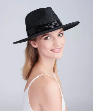 Black Straw Fedora Hat with Matching Sequin Trim