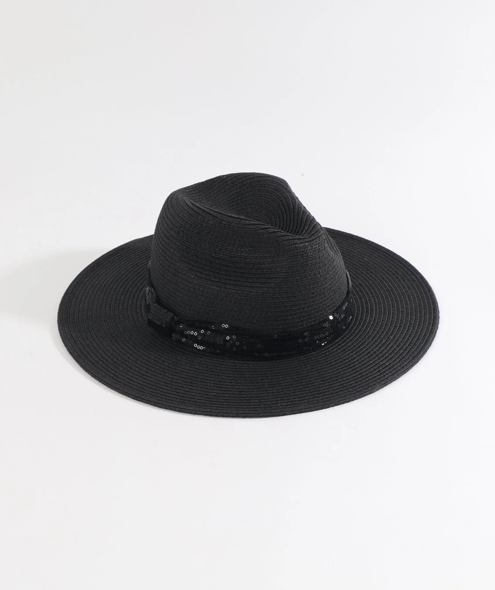 Black Straw Fedora Hat with Matching Sequin Trim