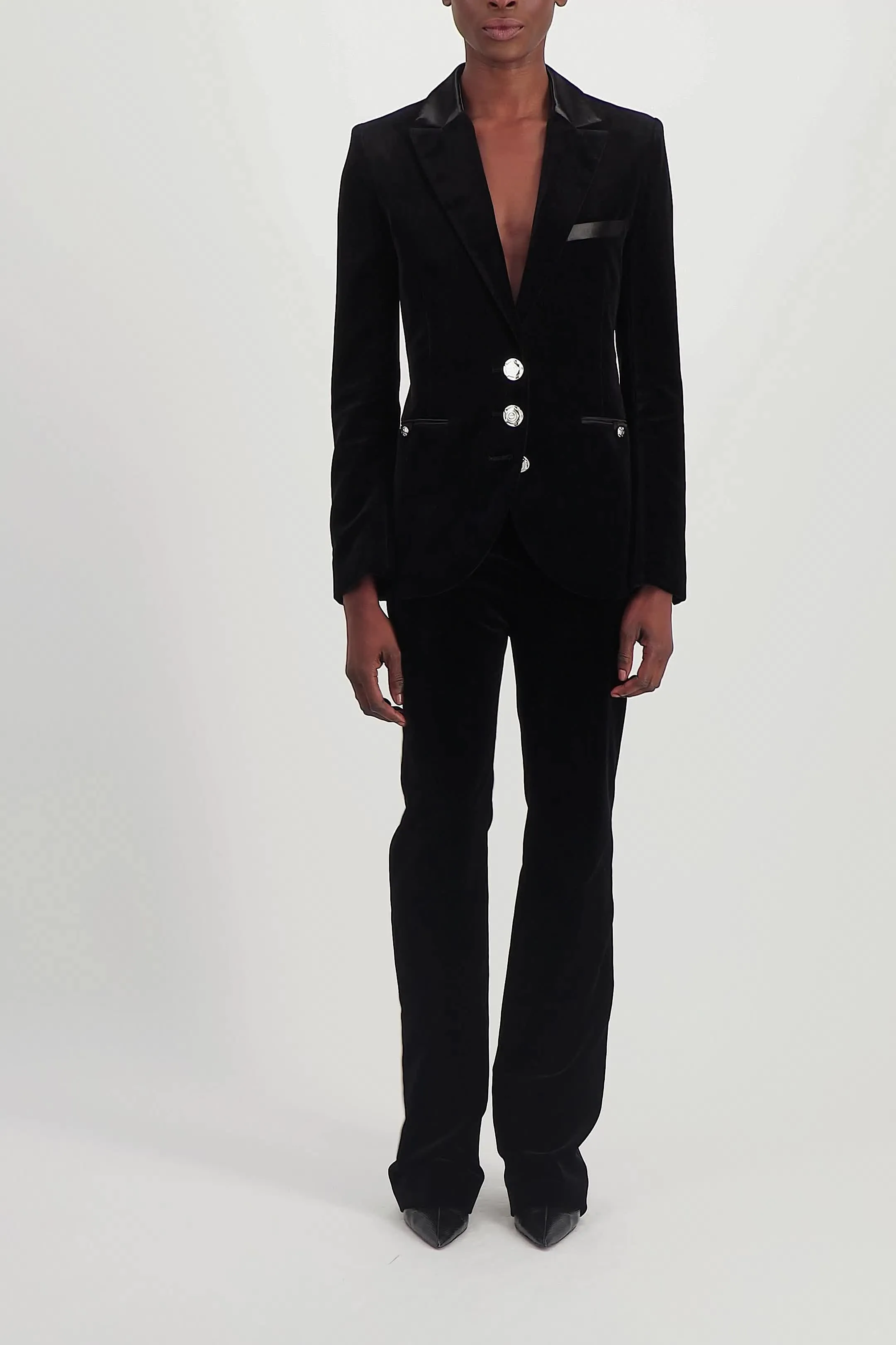 Black velvet straight leg tailoring pants