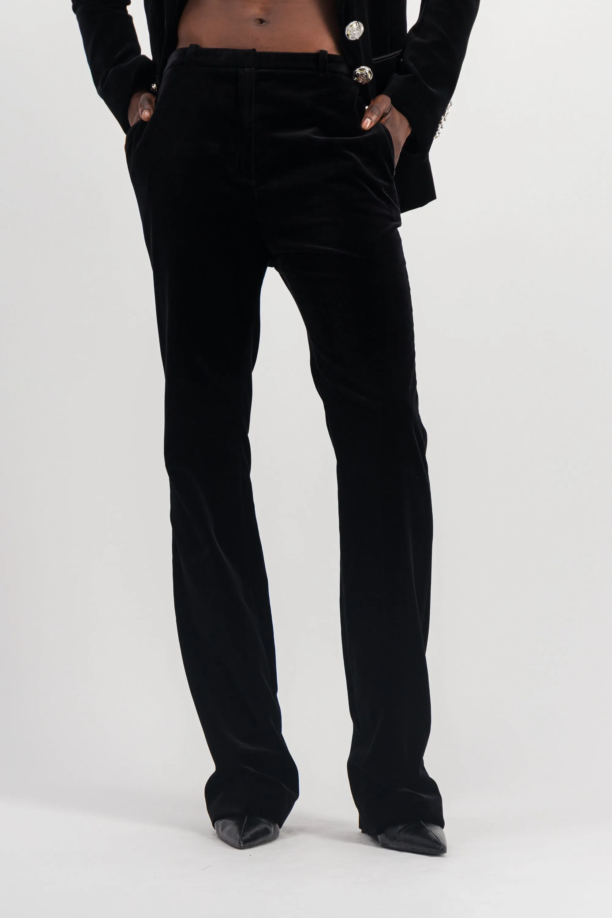 Black velvet straight leg tailoring pants