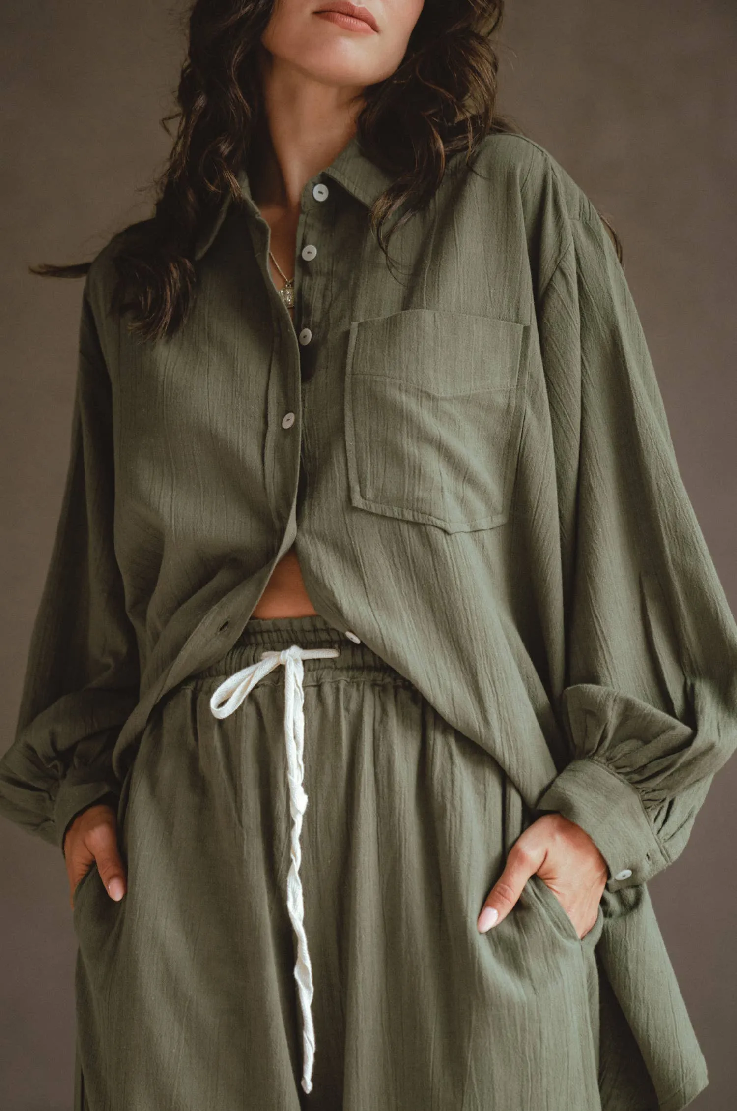 Calin Long Sleeve Oversized Linen Shirt - Khaki