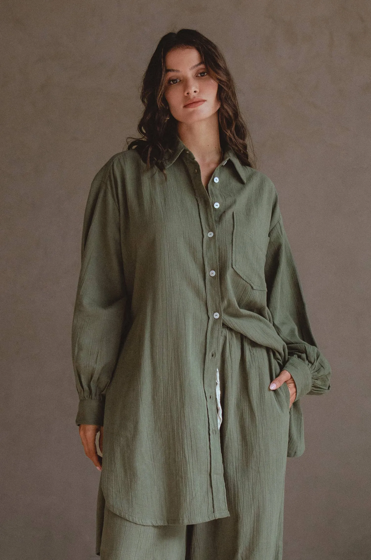 Calin Long Sleeve Oversized Linen Shirt - Khaki