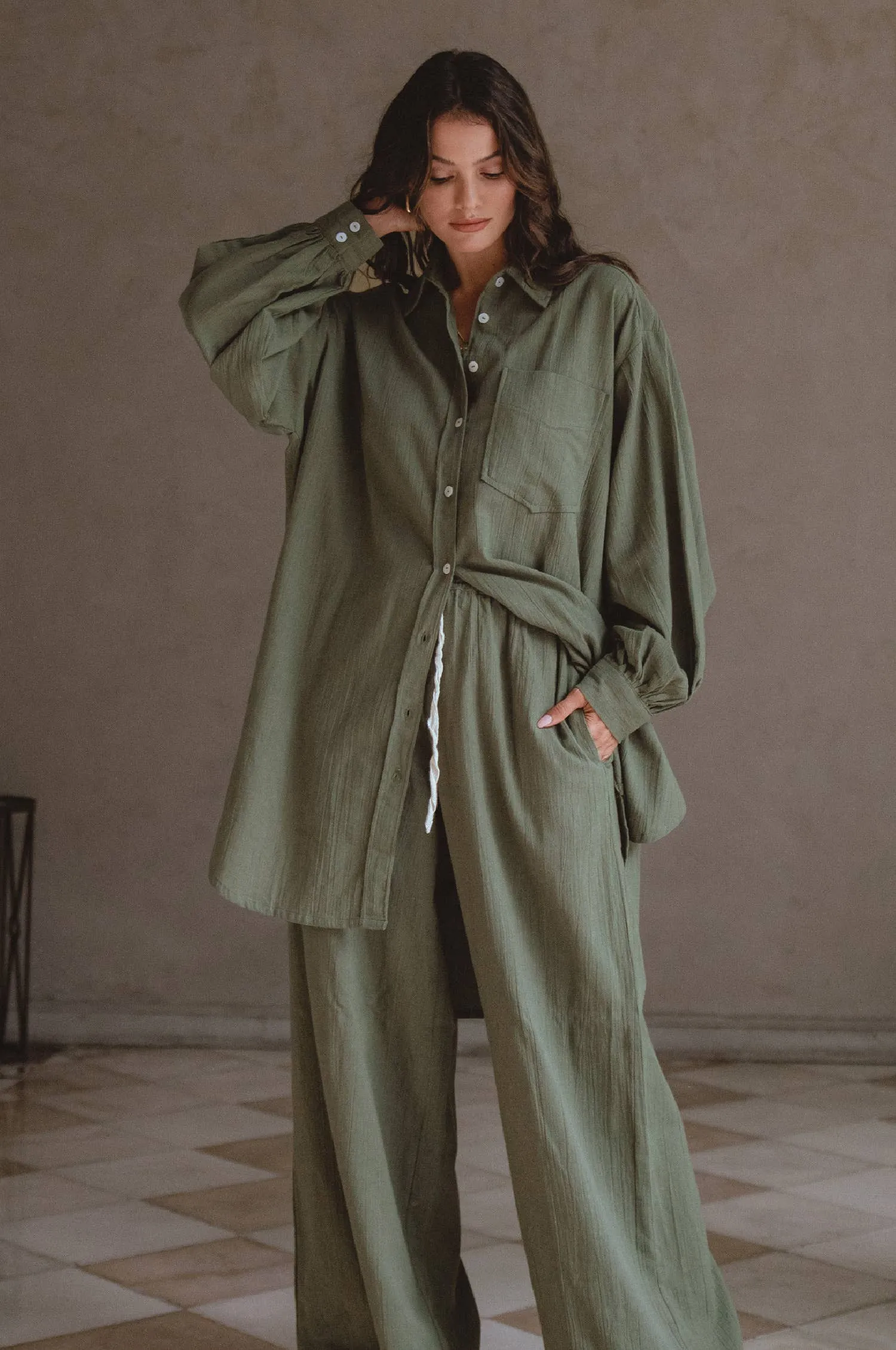 Calin Long Sleeve Oversized Linen Shirt - Khaki