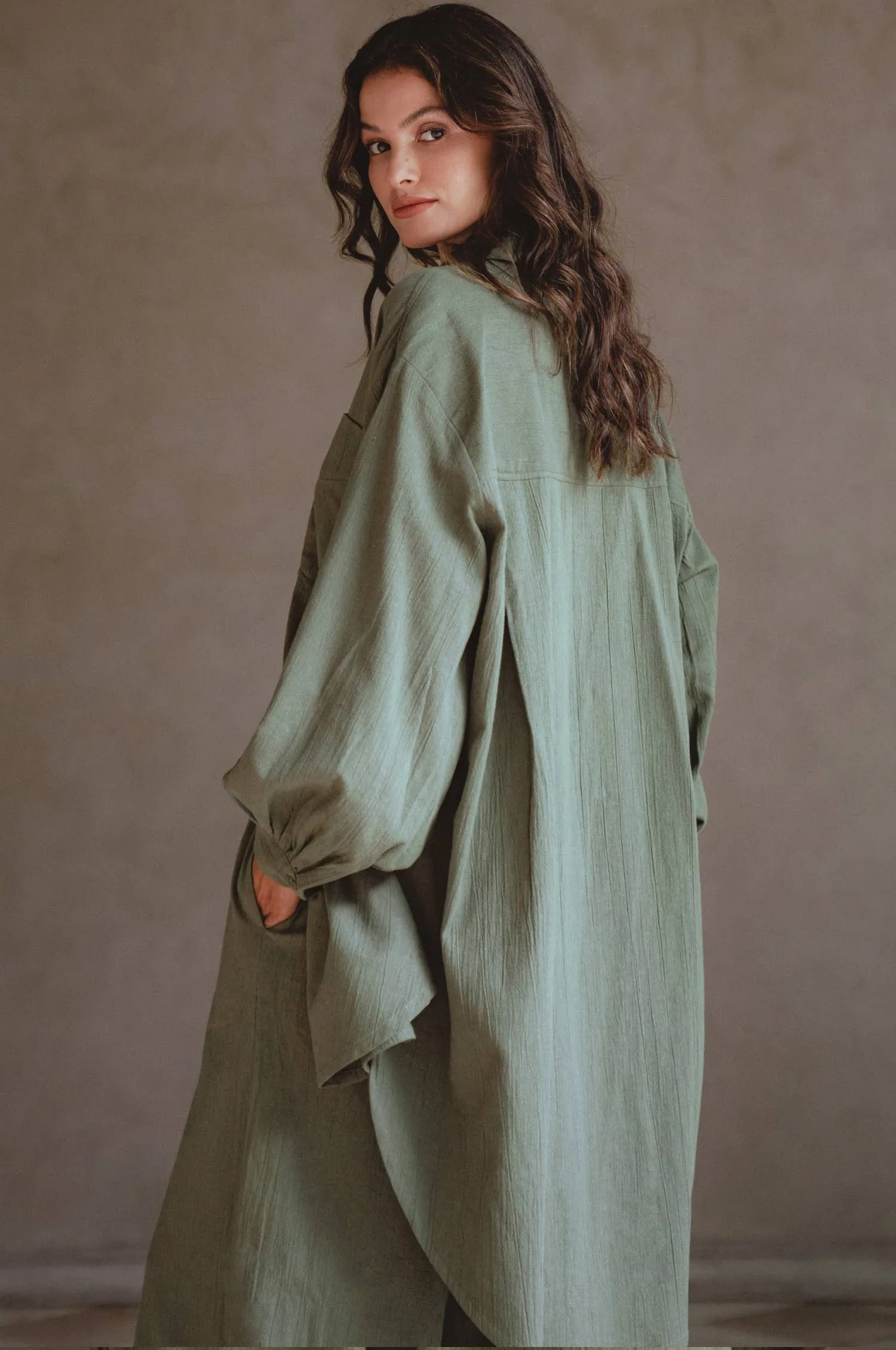Calin Long Sleeve Oversized Linen Shirt - Khaki