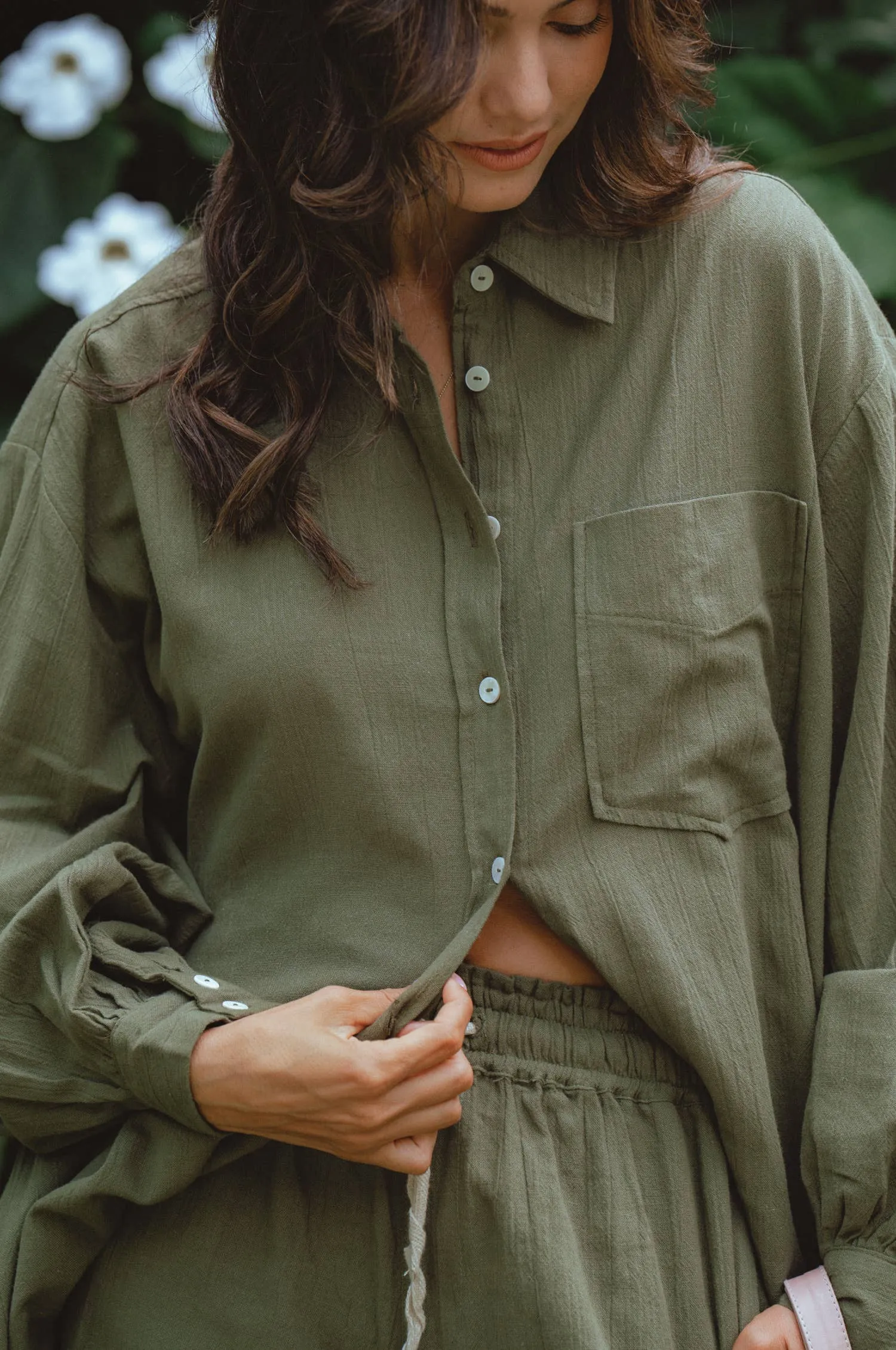 Calin Long Sleeve Oversized Linen Shirt - Khaki