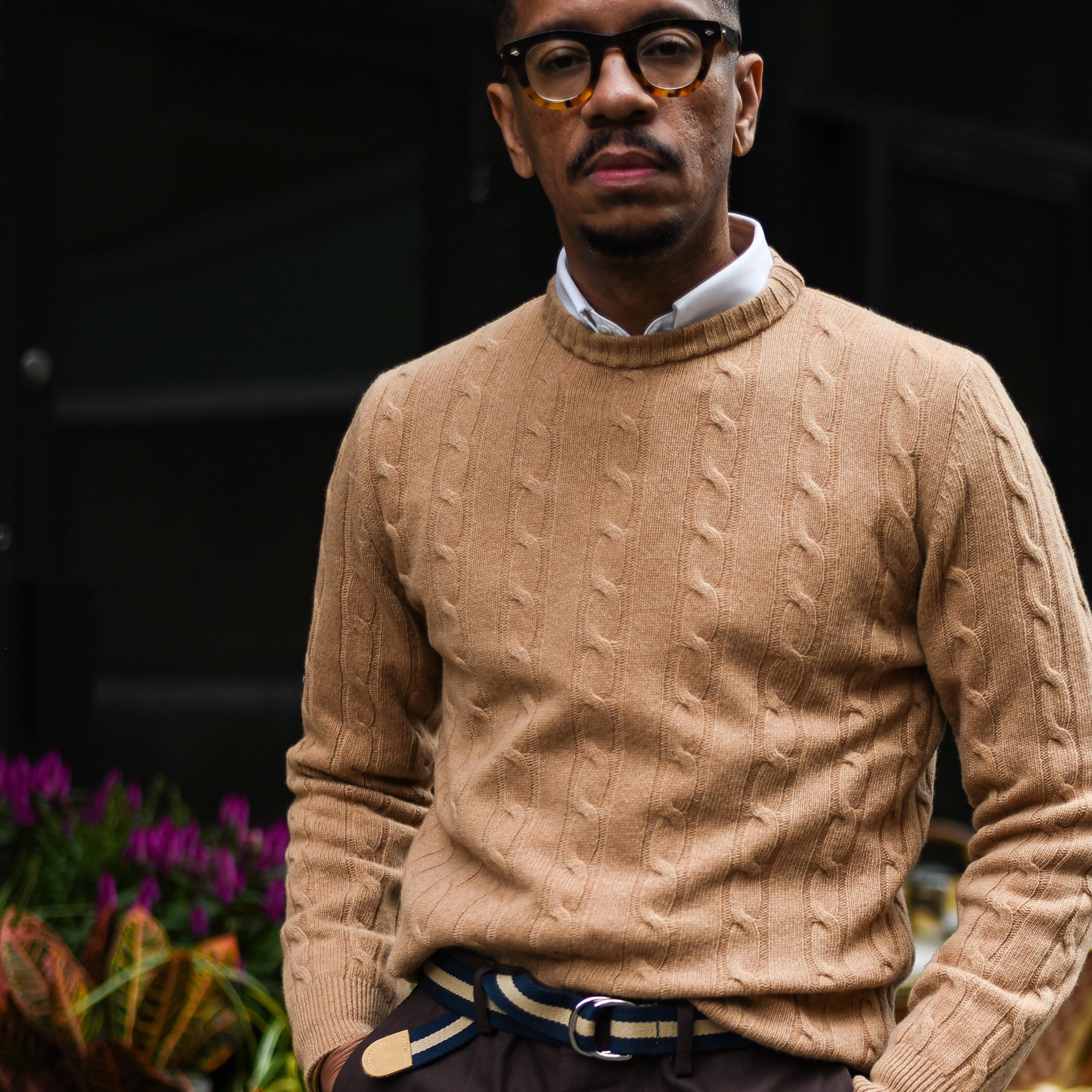 Camel Wool & Cashmere Cable Crewneck Sweater