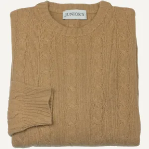 Camel Wool & Cashmere Cable Crewneck Sweater