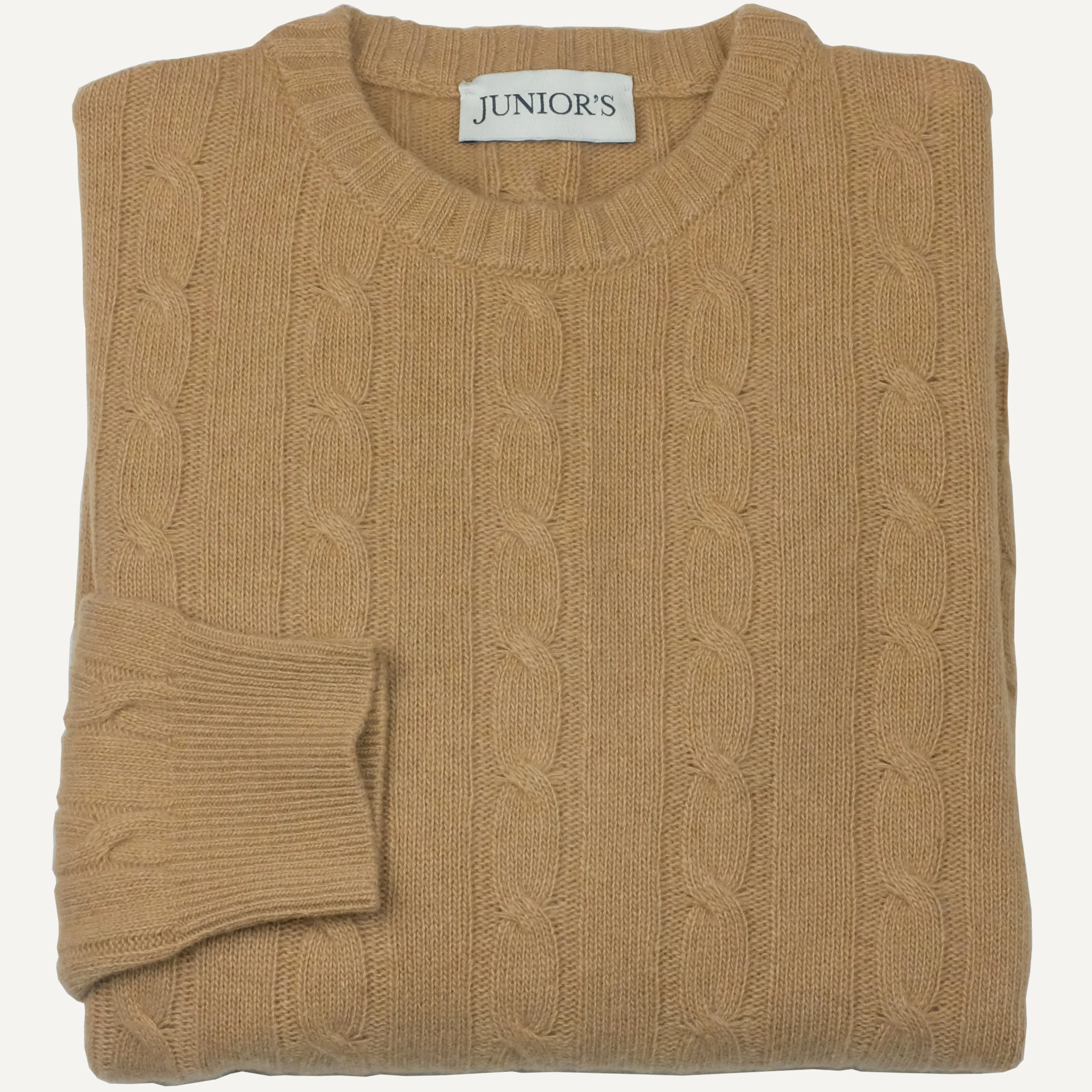Camel Wool & Cashmere Cable Crewneck Sweater