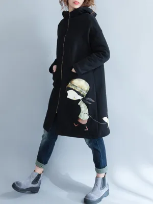 Cartoon Print Hooded Stand Collar Coats