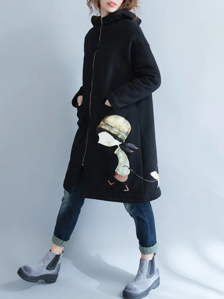 Cartoon Print Hooded Stand Collar Coats