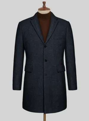 Deep Blue Herringbone Tweed Overcoat