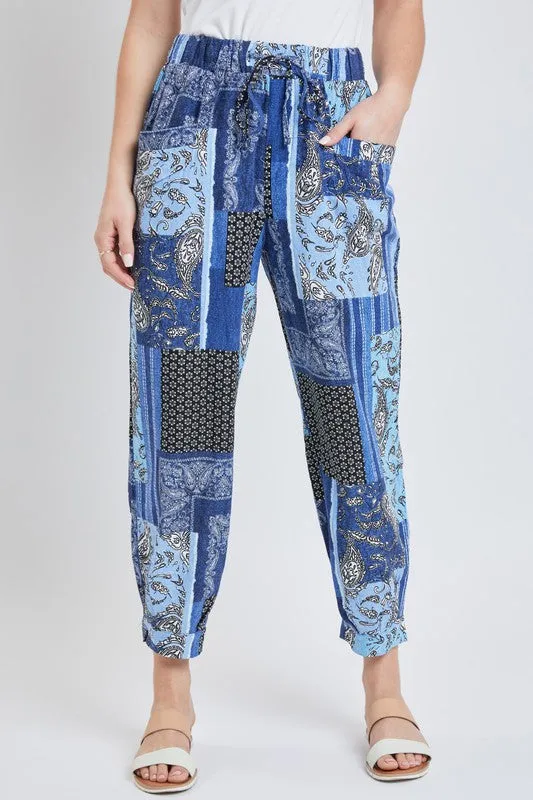 Denim Patch Missy Linen Jogger Pant With Pleated Hem