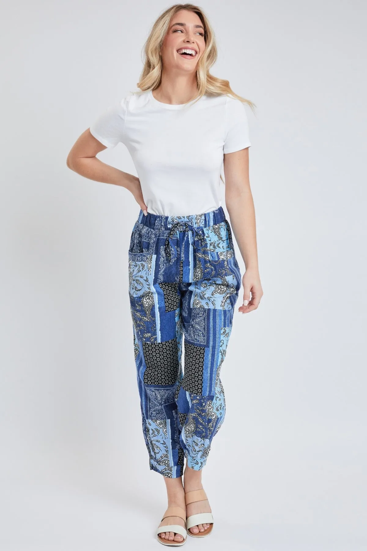 Denim Patch Missy Linen Jogger Pant With Pleated Hem