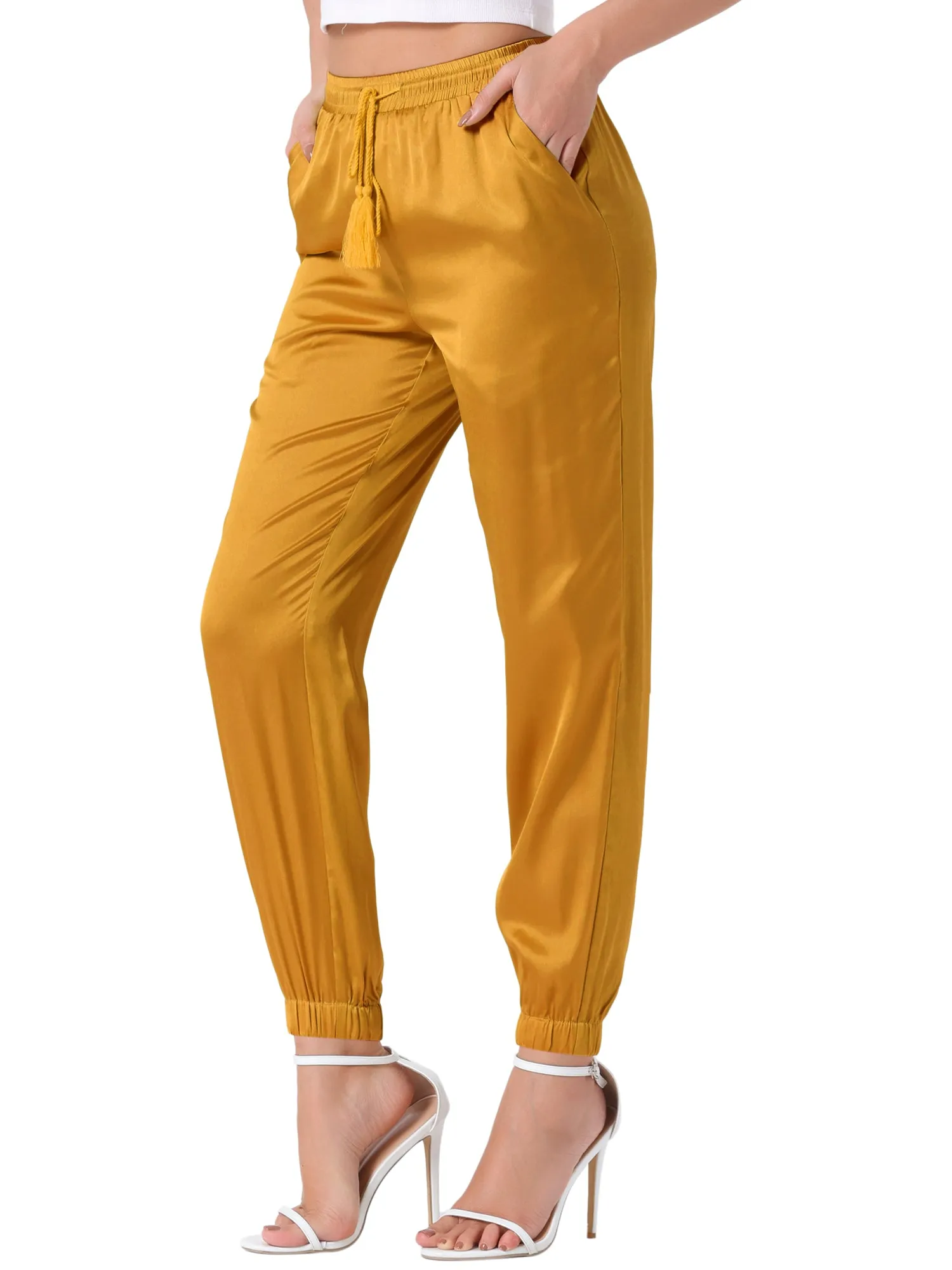 Drawstring Elastic Waist Athleisure Ankle Satin Joggers