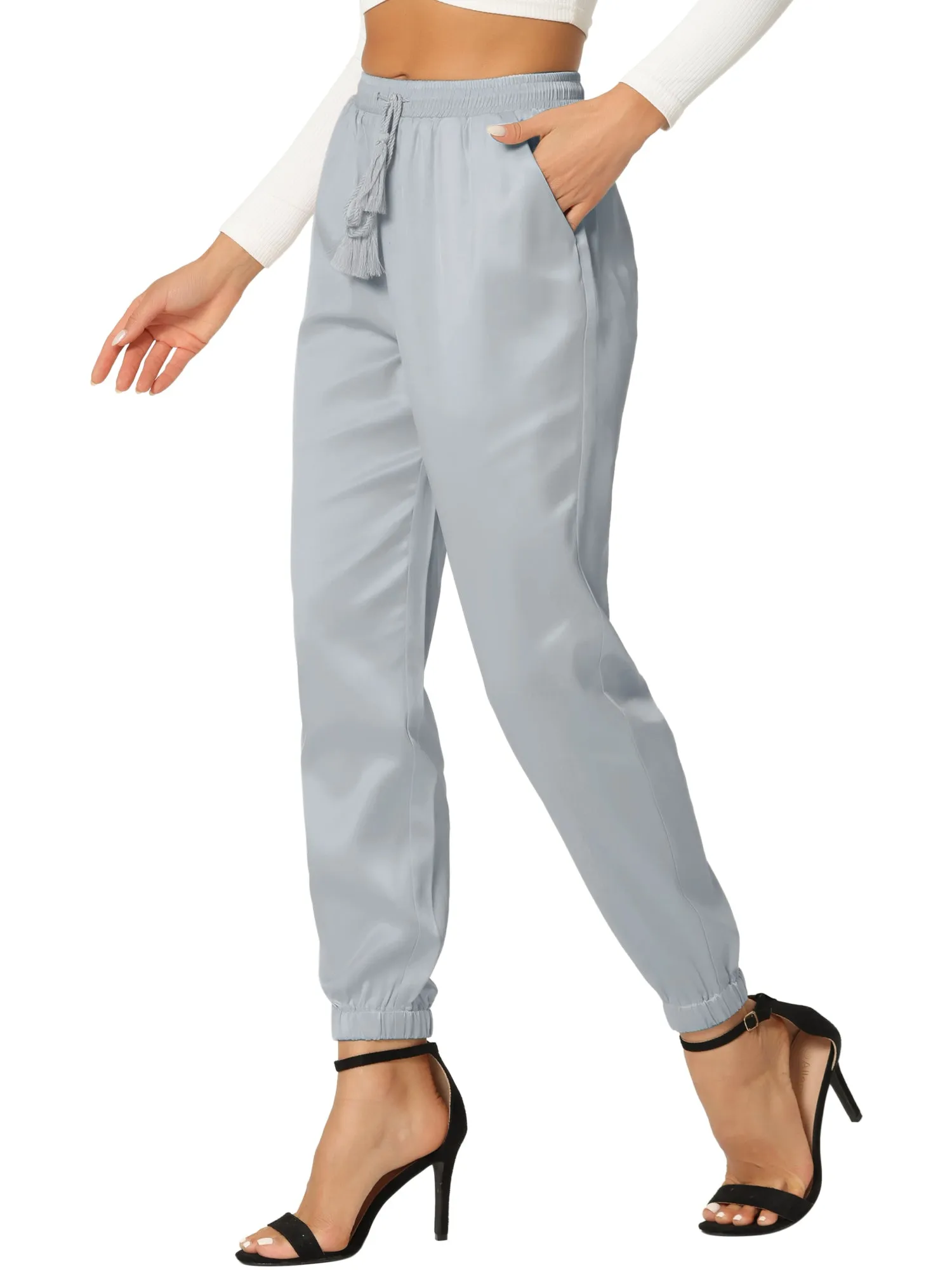Drawstring Elastic Waist Athleisure Ankle Satin Joggers