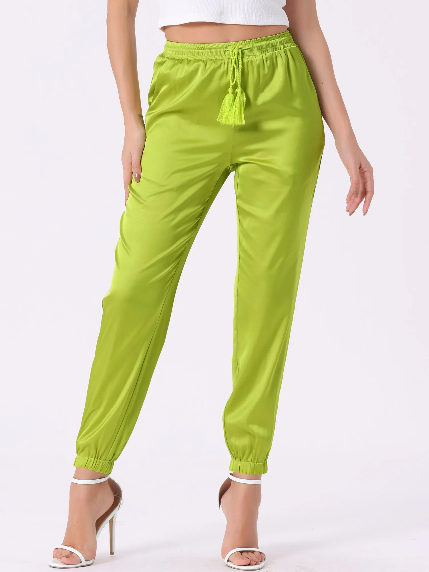 Drawstring Elastic Waist Athleisure Ankle Satin Joggers