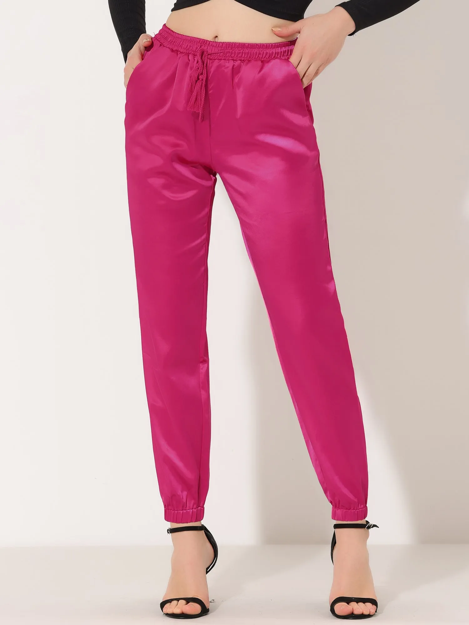 Drawstring Elastic Waist Athleisure Ankle Satin Joggers