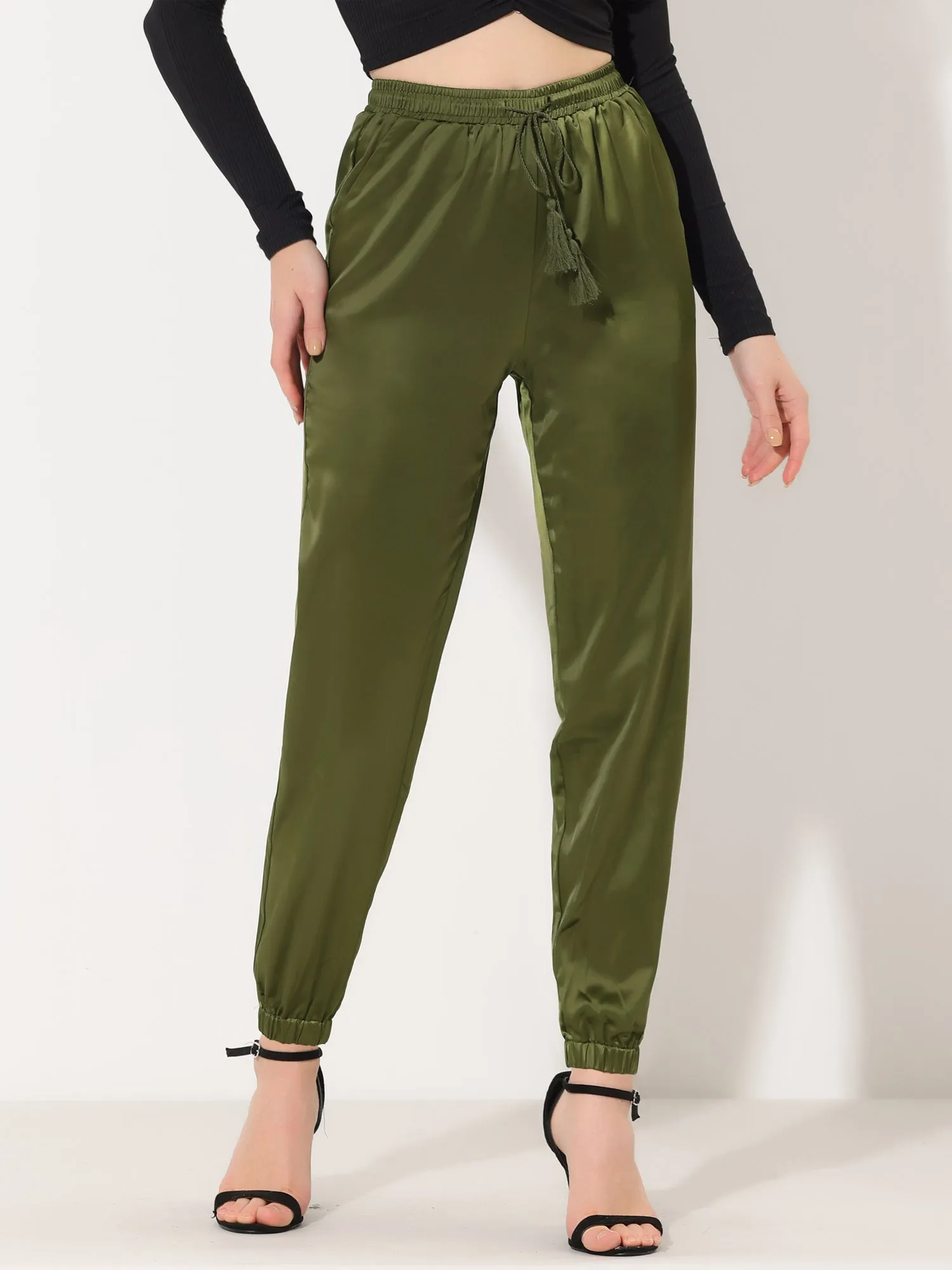 Drawstring Elastic Waist Athleisure Ankle Satin Joggers