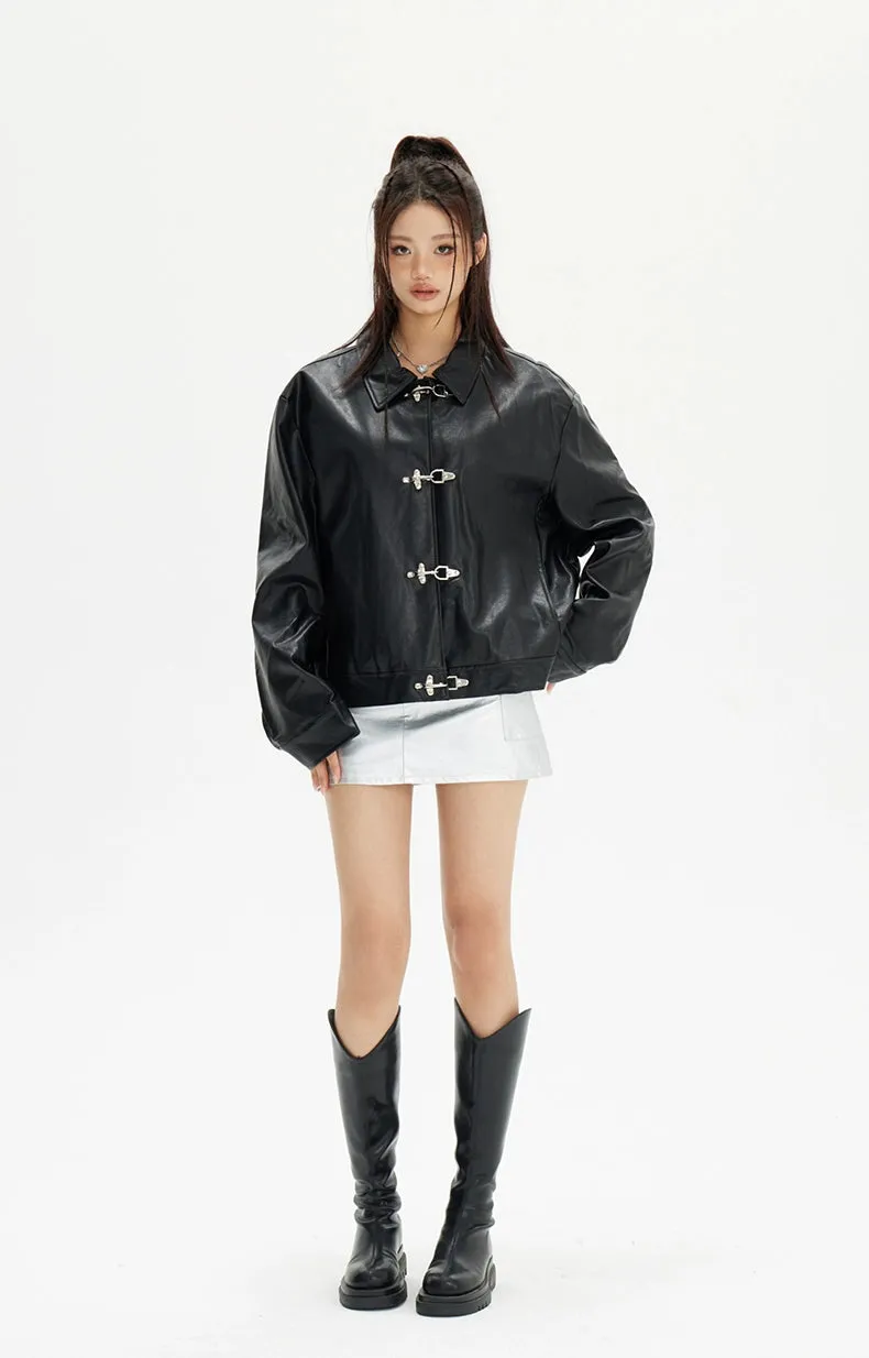 Faux Leather Fireman Buckle Oversized Jacket