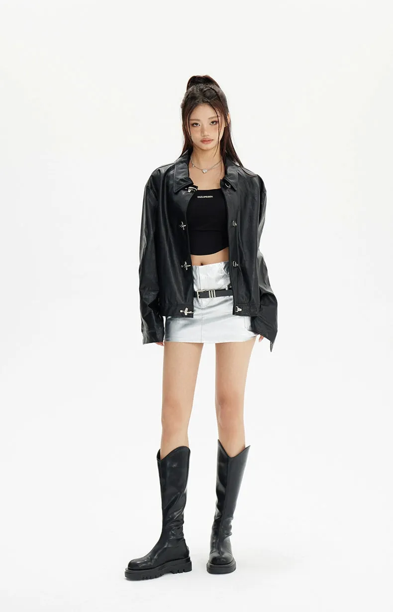 Faux Leather Fireman Buckle Oversized Jacket