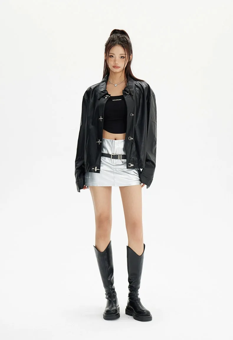 Faux Leather Fireman Buckle Oversized Jacket
