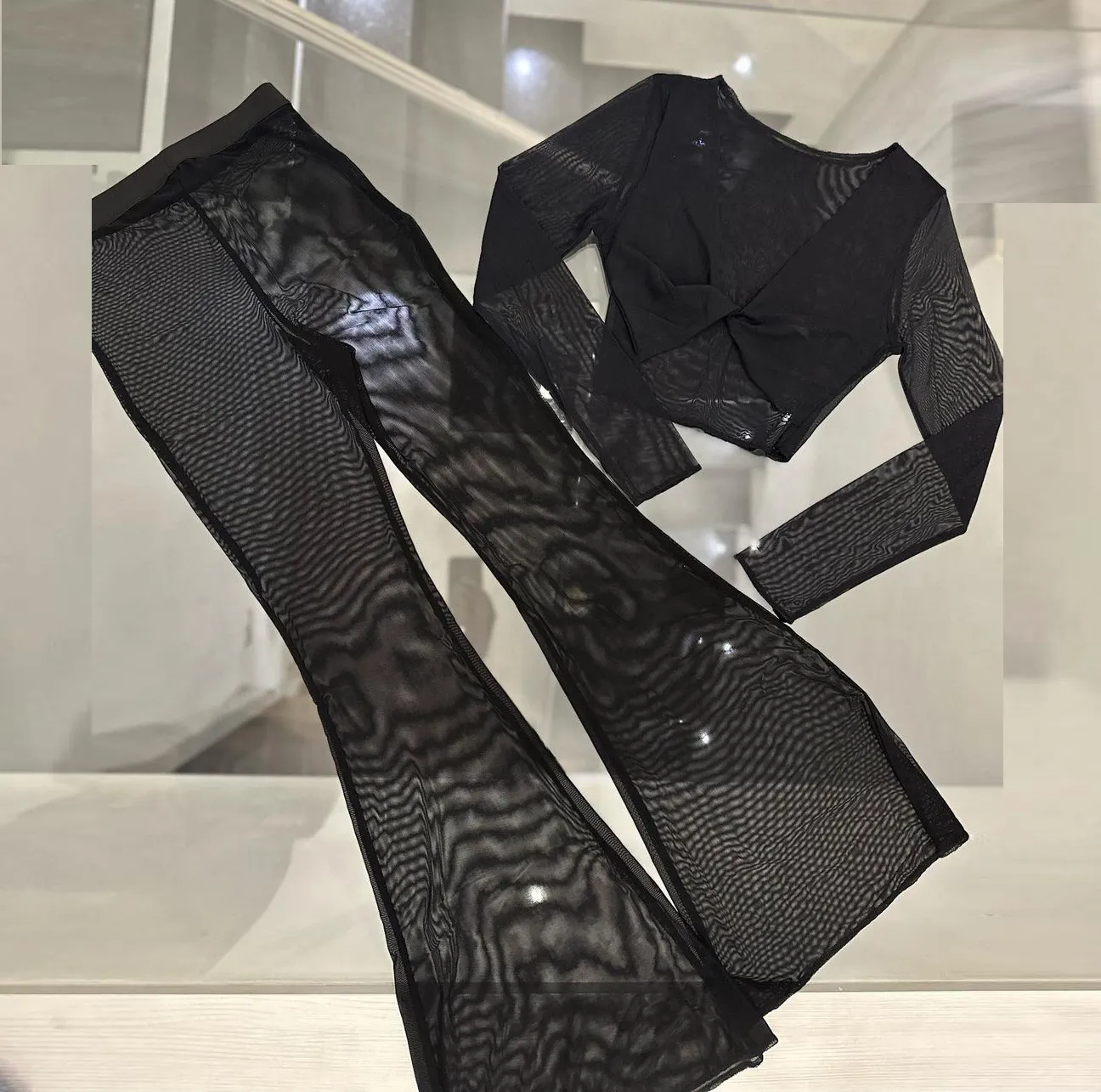 Flared mesh pants and top for dance