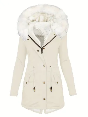 Fleece Drawstring Hoodie Coat, Zip Up Winter Outerwear