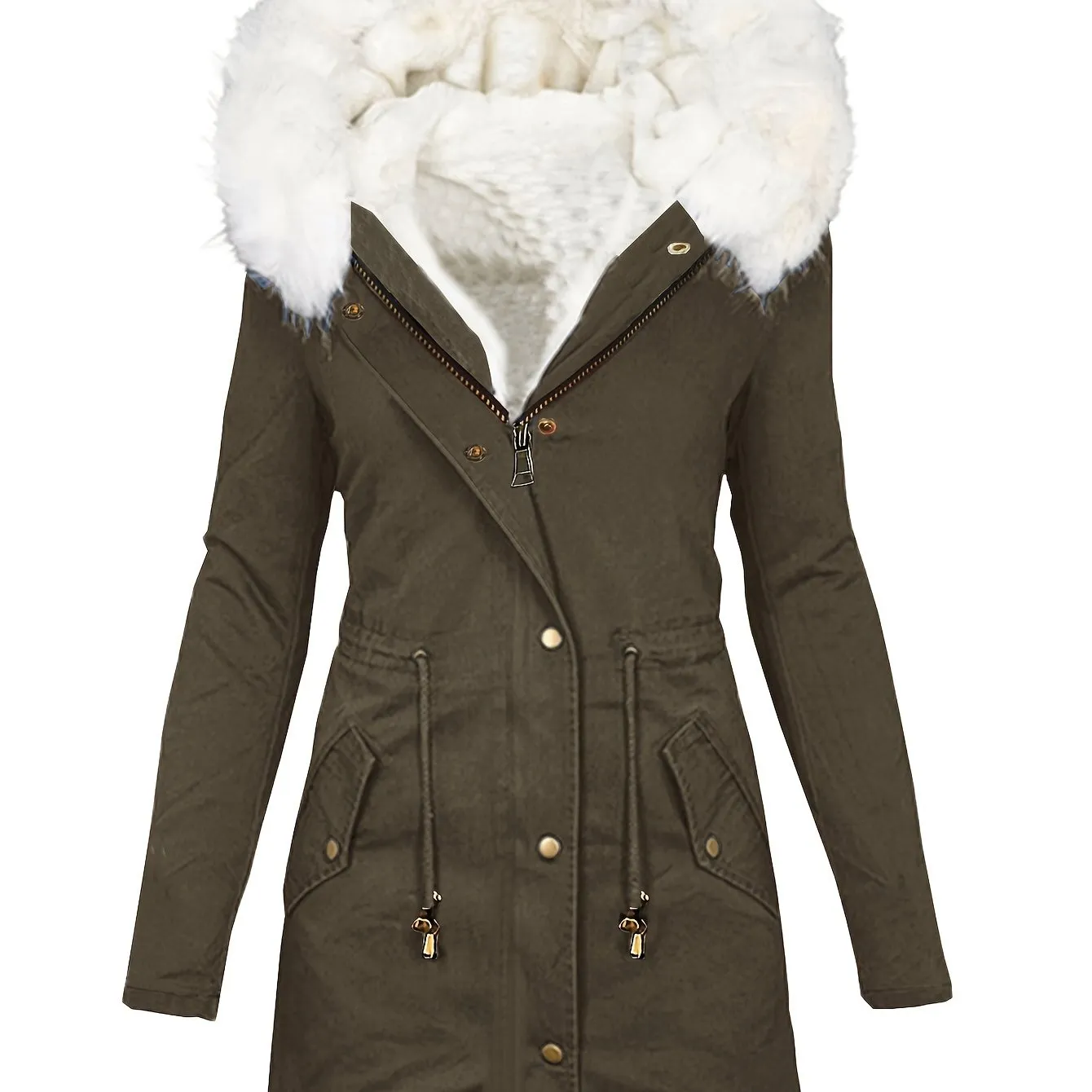 Fleece Drawstring Hoodie Coat, Zip Up Winter Outerwear