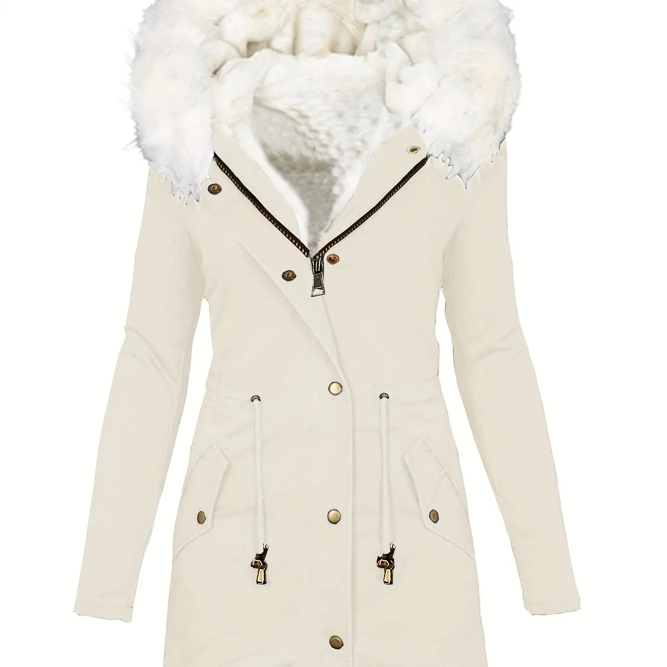 Fleece Drawstring Hoodie Coat, Zip Up Winter Outerwear