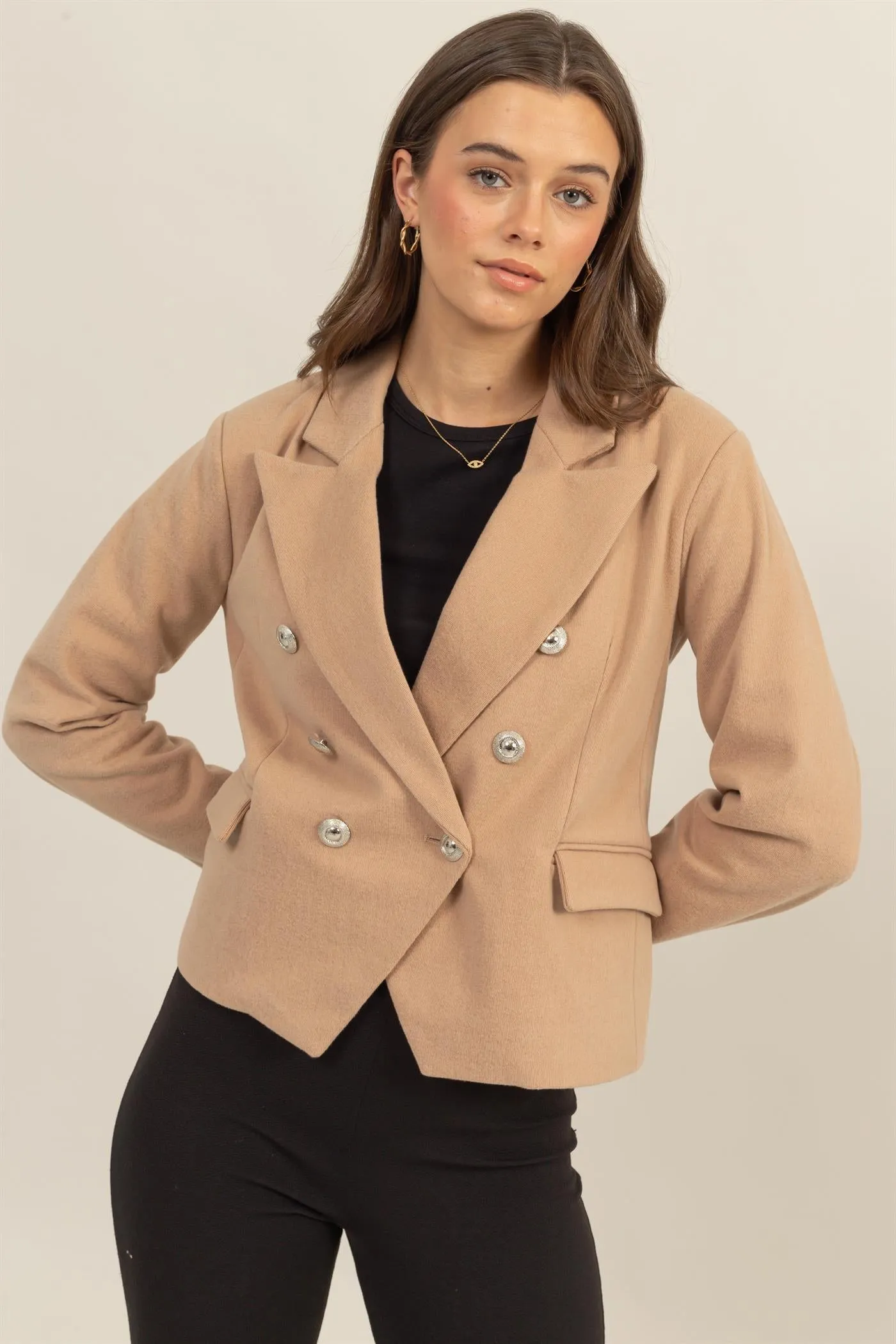 HF24F345-Double-Breasted Fitted Blazer