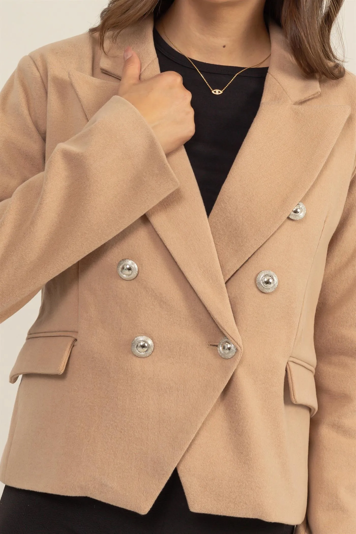 HF24F345-Double-Breasted Fitted Blazer