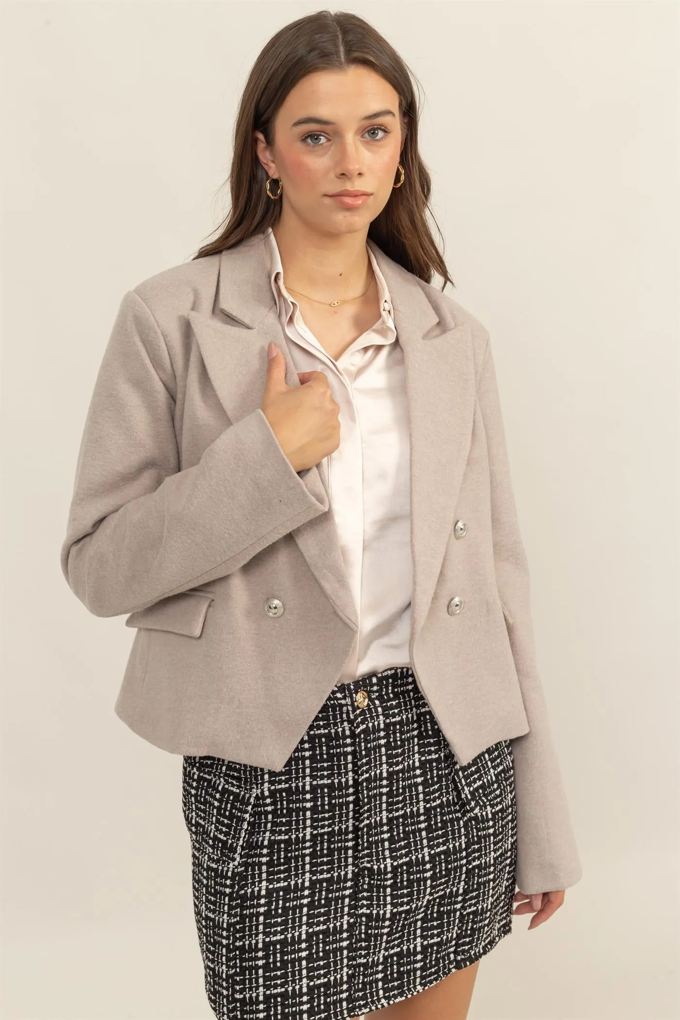 HF24F345-Double-Breasted Fitted Blazer